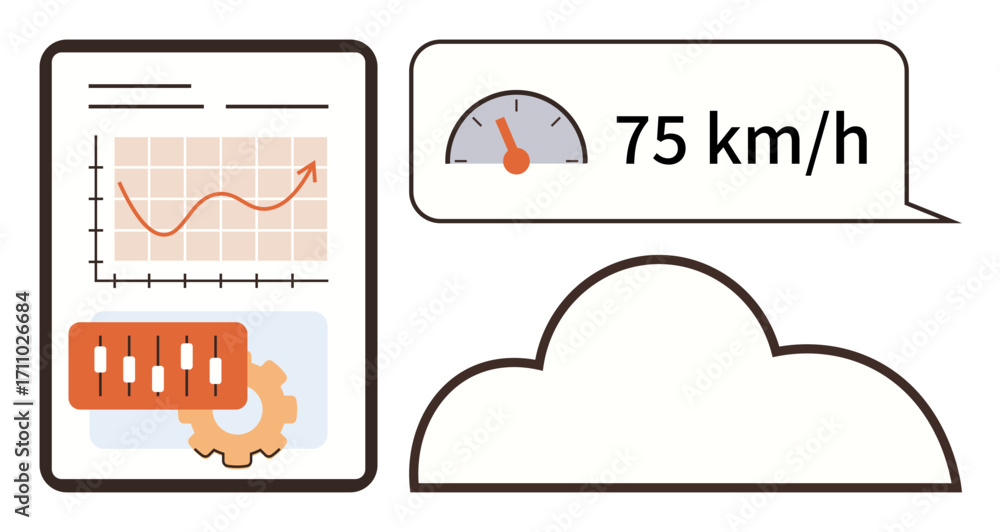 Poster chart with graph trends, speedometer reading 75 kmh, sliders, gear, and a cloud outline. ideal for d