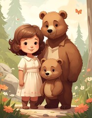 A heartwarming portrayal of a girl and two bears, in a serene forest setting, showcasing a joyful family portrait.