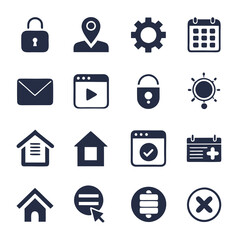 Collection of dark blue interface and setting icons