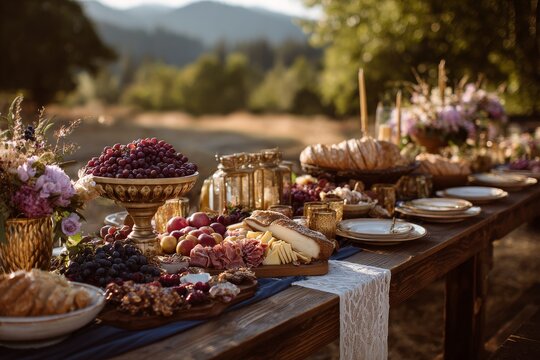 a table set with all kinds of dishes, in the middle of the street. Generative AI