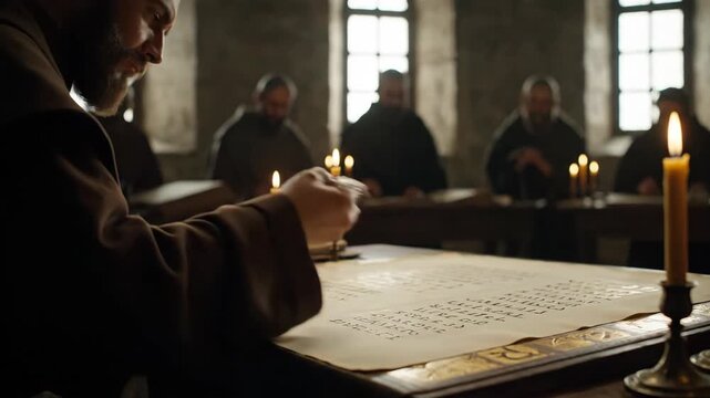 Intense Medieval Monk Meticulously Transcribing an Ancient Manuscript by Flickering Candlelight