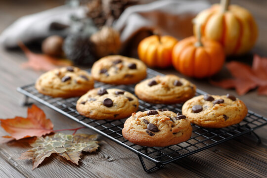 A tray of chocolate chip cookies sits on a wooden table with a few pumpkins