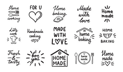 Home cooking, home baking or made with love, old style kitchen lettering, food and cooking set. Home made doodle simple ink or pen outline emblems