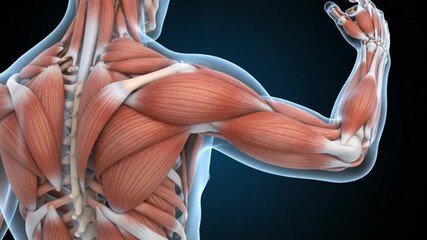 Detailed 3d rendering of the male muscular anatomy highlighting the upper body shoulder arm and back muscles like biceps triceps and deltoids for science and healthcare