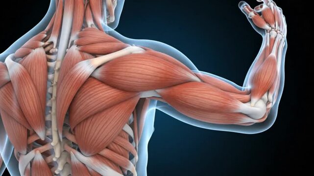 Detailed 3d rendering of the male muscular anatomy highlighting the upper body shoulder arm and back muscles like biceps triceps and deltoids for science and healthcare