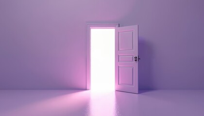Open white door in purple room. Bright light shines through doorway, making glow on floor. Represents new opportunity, future path, hope, progress, success, dream, transition. Freedom, escape, vision.
