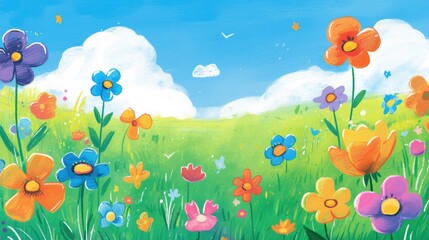 Kids crayon artwork featuring flowers, doodle-style floral elements,, drawn in a playful children&rsquo;s garden theme.	