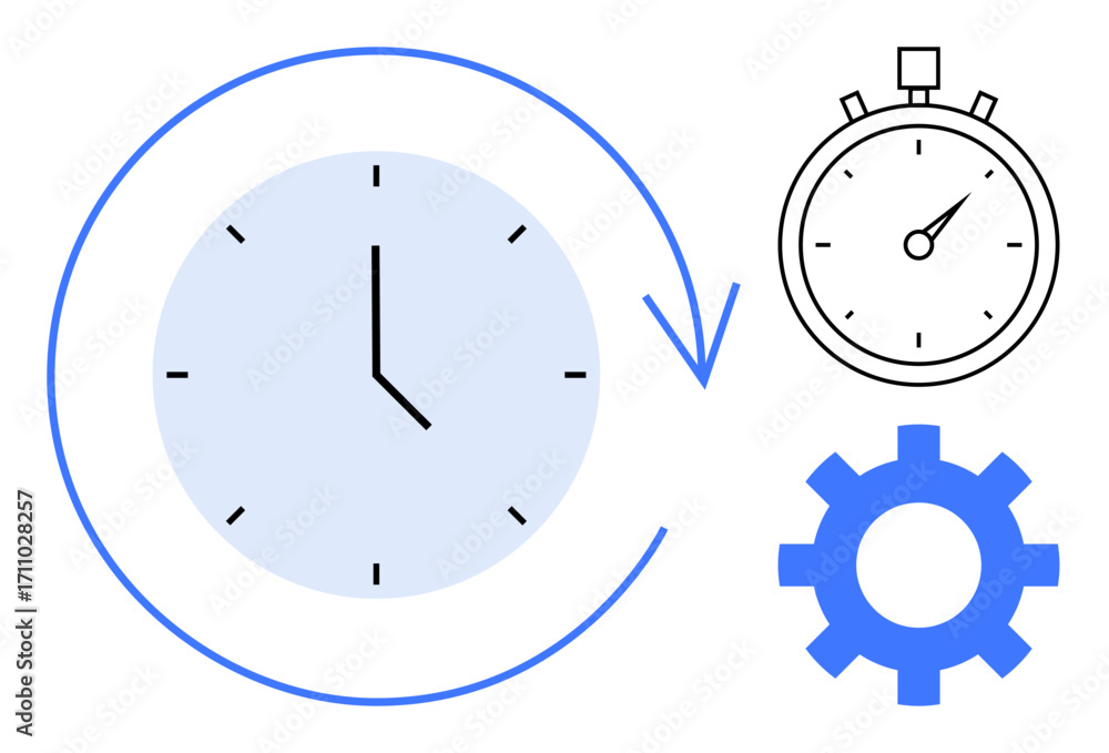 Poster clock with arrow symbolizing time, stopwatch for precision, and gear for productivity. ideal for tim