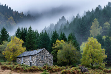 A small stone house sits in a forest with trees in the background
