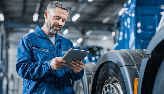 A mechanic with a tablet computer diagnoses the diesel engine of and industrial truck in a garage. Car repair concept in auto repair