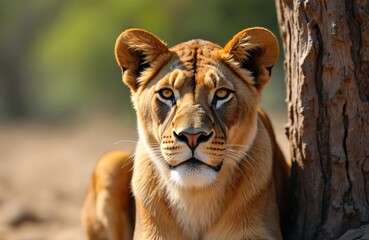Obraz premium Calm female lion rests near tree trunk on sandy ground. Focused gaze shows wild animal strength, power, natural beauty. Big cat portrait in natural habitat during sunny day. African feline observes