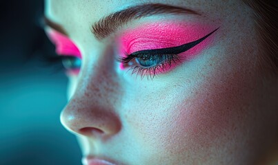 Close-up portrait of a young woman with vibrant, bold makeup