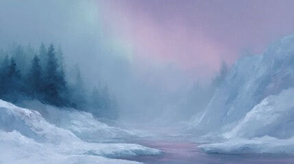 Fototapeta premium Painting of a snowy landscape with a river and trees