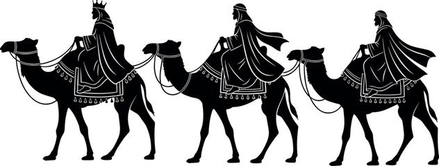 Three Wise Men Riding Camels Silhouette Vector, Biblical Magi Journey, Christmas Nativity Scene, Religious Holiday Art, Black and White