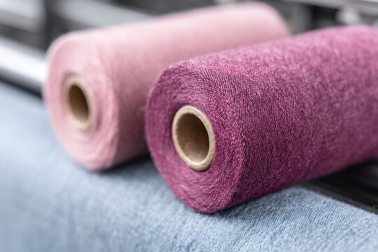Two rolls of pink and purple yarn are displayed on a table