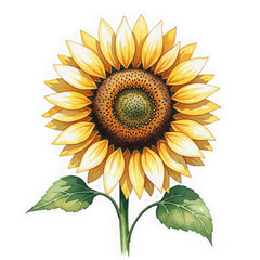 Fototapeta premium Watercolor sunflower with green leaves isolated on white isolated on transparent background