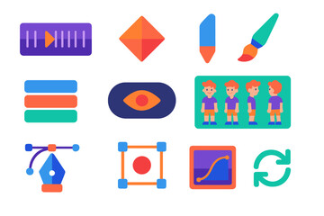 2D Animation Tool Icons. Flat vector icons of 2D animation tools: timeline panel, keyframe diamond, playhead marker, drawing brush