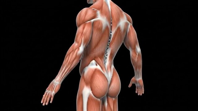 Detailed 3d illustration of the human male posterior muscular system showing the anatomy of the back shoulders arms and gluteal muscles for medical and scientific education