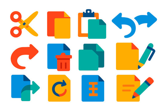 Bold File Editing Icons. Flat vector icons of file editing tools: cut icon, copy icon, paste icon, undo action, redo icon, delete