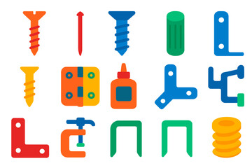 Fototapeta premium Carpentry Fasteners Icons. Flat vector icons of carpentry fasteners: wood screw, finishing nail, lag bolt, dowel rod, pocket screw