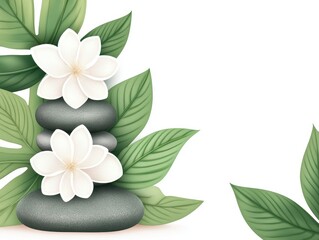 Stacked stones, flowers, and leaves