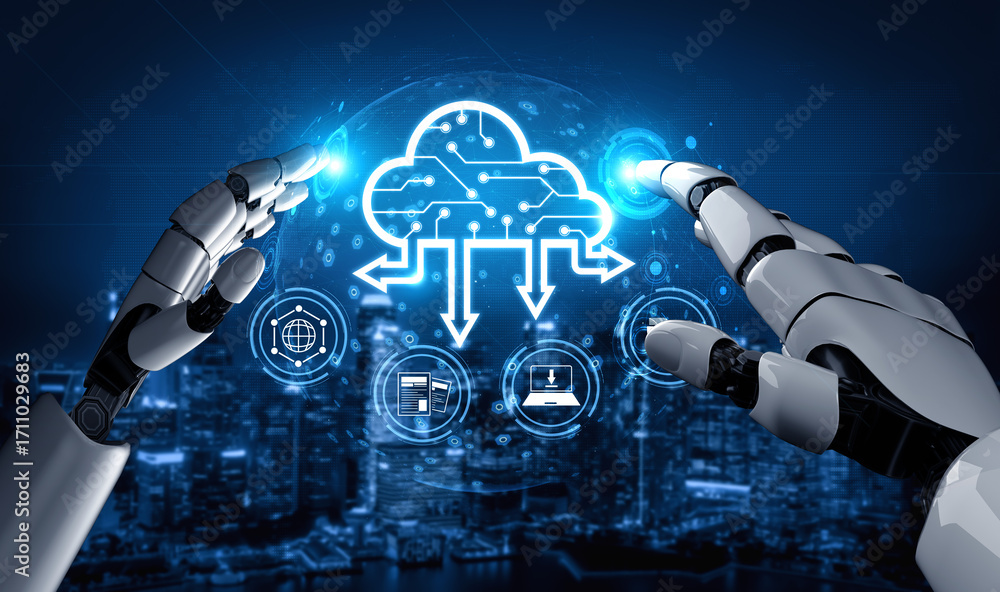 Poster ai artificial intelligence optimizes cloud infrastructure with virtual assistants and intelligent au