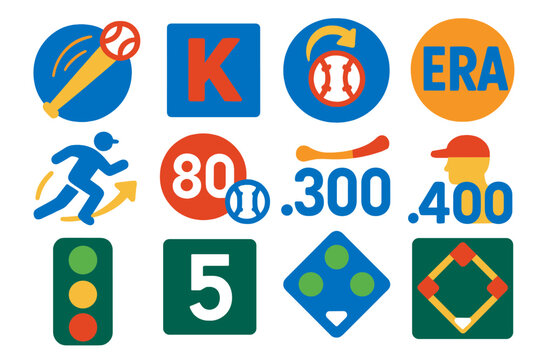 Baseball Stat Icons. Flat vector icons of baseball stats and scoreboard symbols: home run icon, strikeout K, RBI icon, ERA stat,