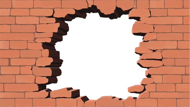 Broken Brick wall with white Hole. A Brick wall with a large hole in the center. Vector Illustration.