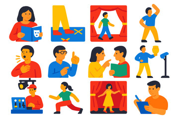 Theater Rehearsal Icons. Flat vector icons of theater rehearsal: script reading, blocking marks, stage walk-through, warm-up