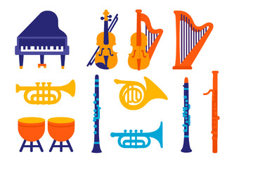 Opera Instrument Icons. Flat vector icons of opera instruments: grand piano, violin, cello, harp, trumpet, oboe, French horn,
