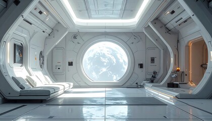 A spacious, futuristic interior showcases a sleek, white spaceship lounge with panoramic views of a planet outside a large circular window.