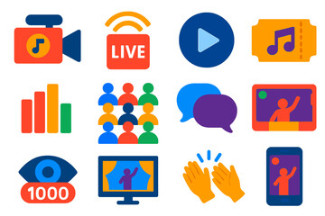 Obraz premium Live Concert Icons. Flat vector icons of live concert streaming: live camera, streaming icon, play button, virtual ticket, audio