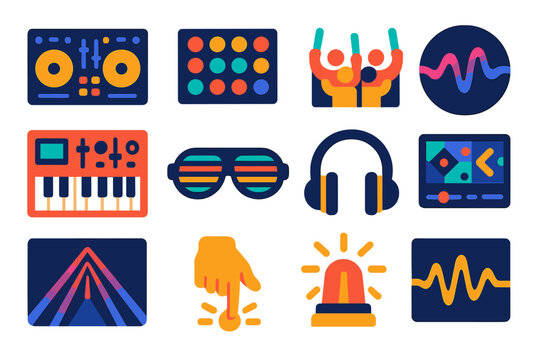 Electronic Music Icons. Flat vector icons of electronic music concerts: DJ controller, light grid, glowstick crowd, bass drop,