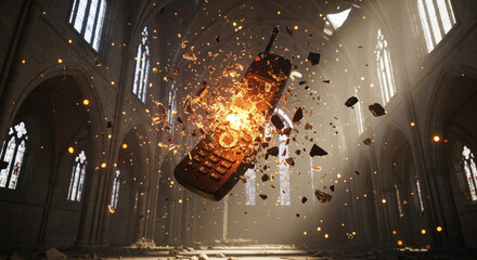Surreal vintage mobile phone exploding into glowing fragments inside gothic cathedral with dramatic golden light