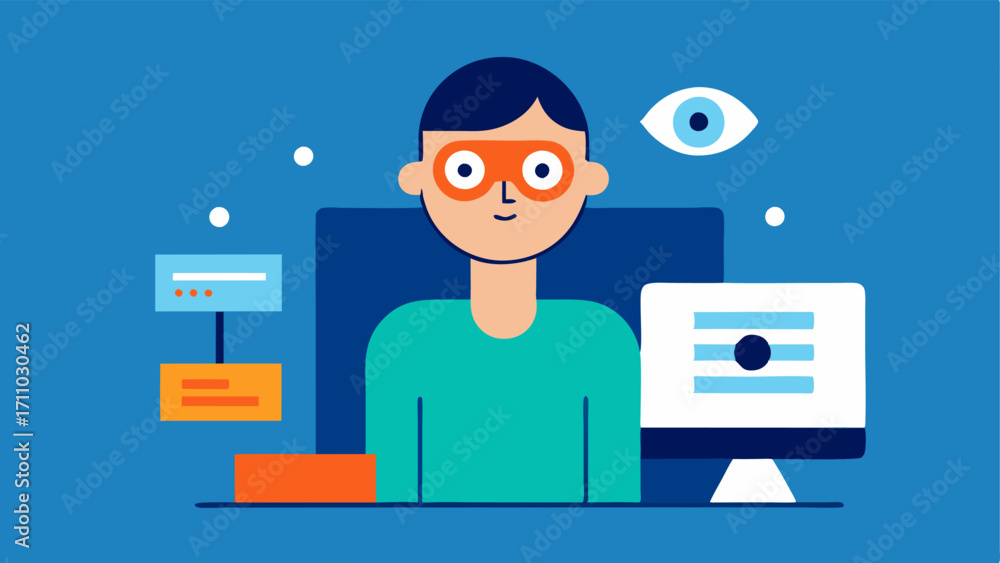 Poster adaptive equipment a character demonstrating the use of an eyetracking device to navigate a teleheal