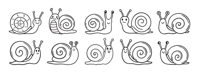 cute snail icon doodle hand drawn set. Outline happy snail character with smile line drawing clipart symbol collection