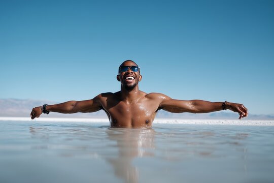 Man swimming in the sea with open arms