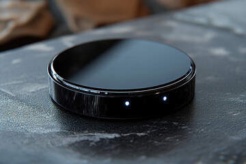 Modern Smart Home AI Voice Assistant Speaker on Black Table, Minimalist Round Design, Future Technology, 2025 Interior Trend

