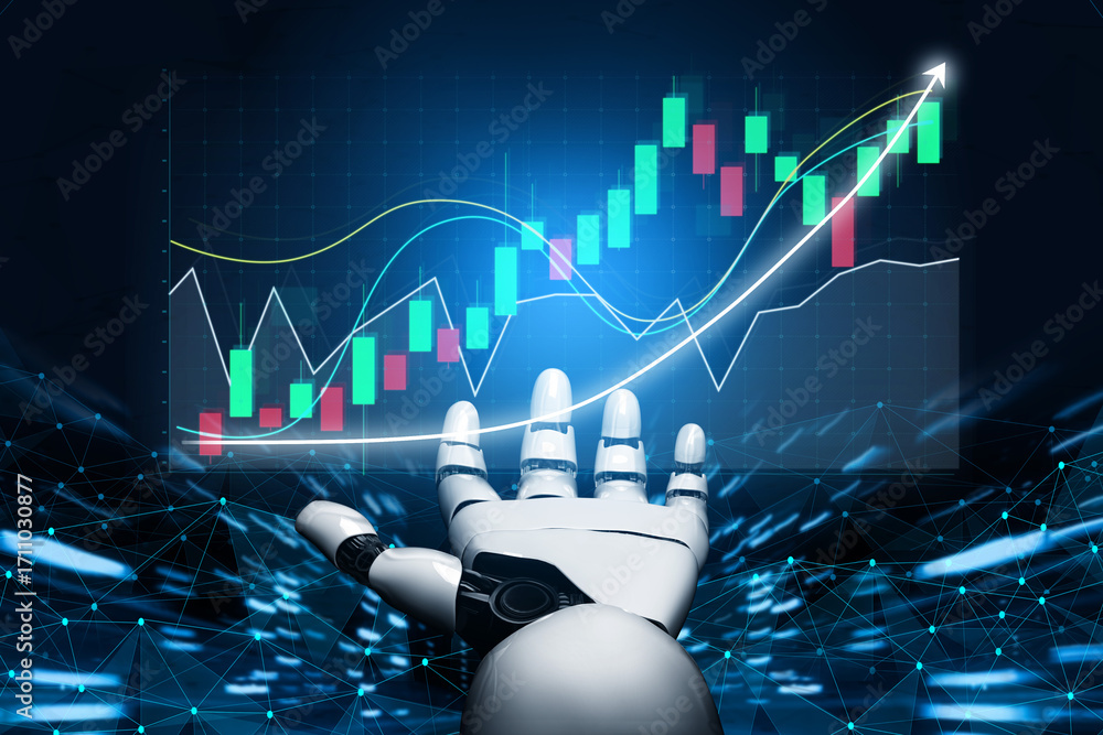 Aufkleber futuristic robot hand analyzing stock market data with growing graphs and candlestick charts in digi