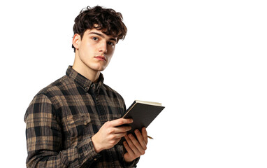 Young poet holding notebook and pen representing passion creativity and artistic expression isolated on transparent background PNG