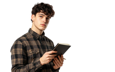 Young poet holding notebook and pen representing passion creativity and artistic expression isolated on transparent background PNG