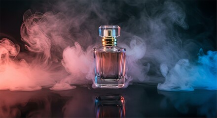 Elegant Perfume Bottle Surrounded by Colorful Smoke.