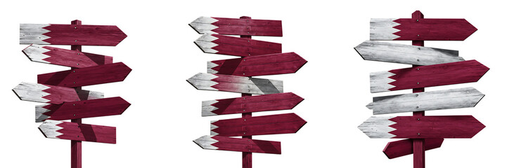 Directional signposts with Qatar national flag isolated transparent background