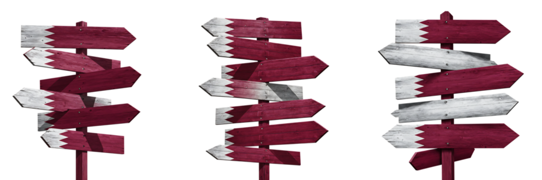 Directional signposts with Qatar national flag isolated transparent background