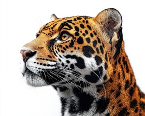Obraz premium Close-up profile of a jaguar head against a plain white background. Jaguar looking upward