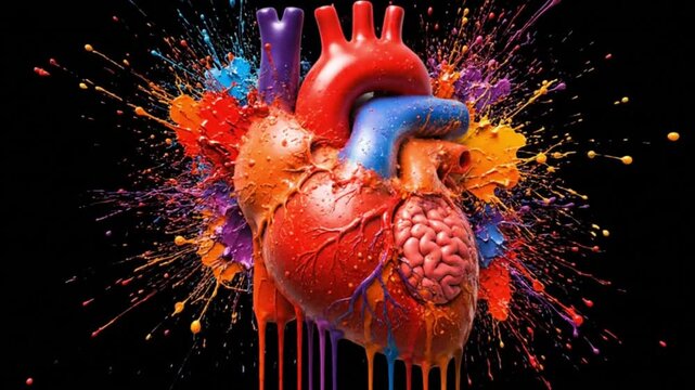 A vibrant anatomical human heart exploding with a dynamic splash of colorful paint representing life passion and creative energy in a modern artistic cardiology concept illustration