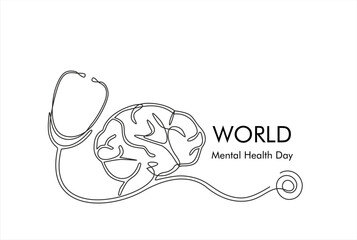 Continuous one line drawing of stethoscope and brain. World Mental Health Day. Hand drawn one line vector. Editable stroke	