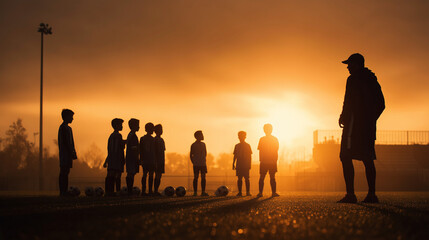 Fototapeta premium Soccer coach briefing kids at sunrise practice.