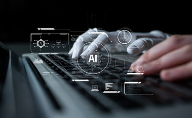AI system interacting with artificial intelligence interface, processing data, executing...
