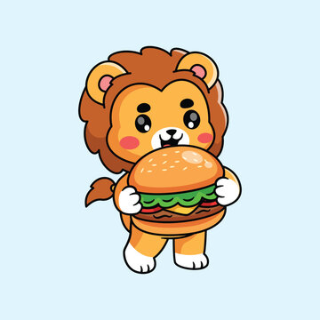 Cartoon Lion Holding a Burger Illustration